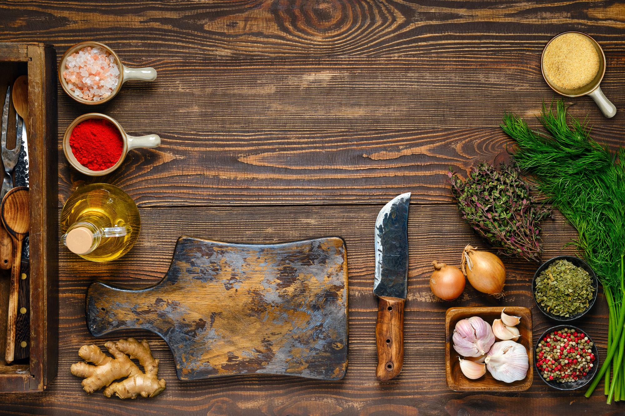 Workshop table with ingredients and knives